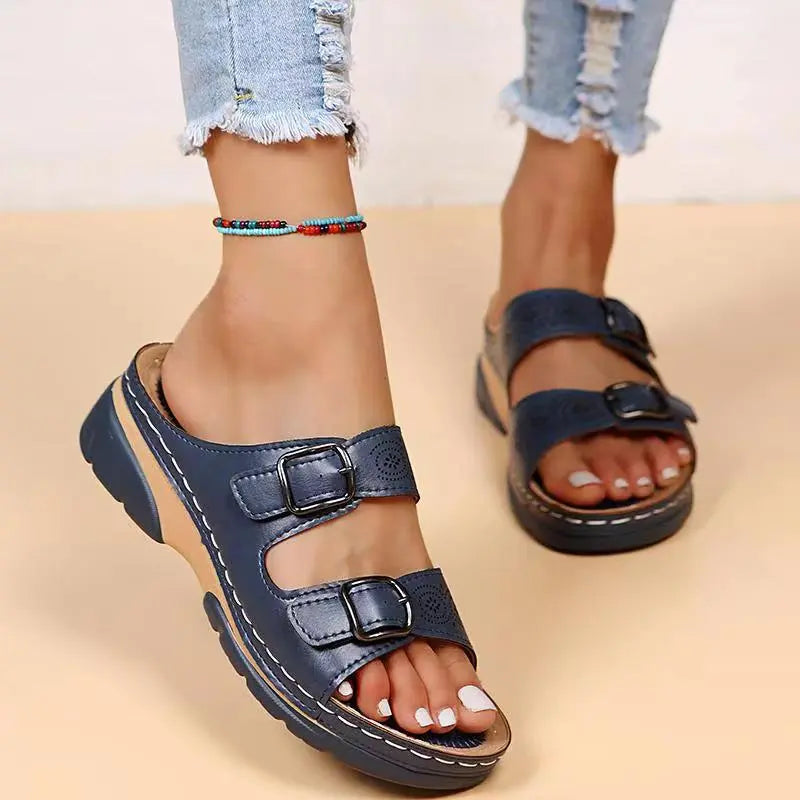Women's Fashion Double Buckle Wedge Sandals GOMINGLO