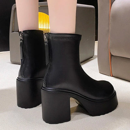 Women's Fashion Gothic High Heels Zipper PU Leather Combat Boots GOMINGLO