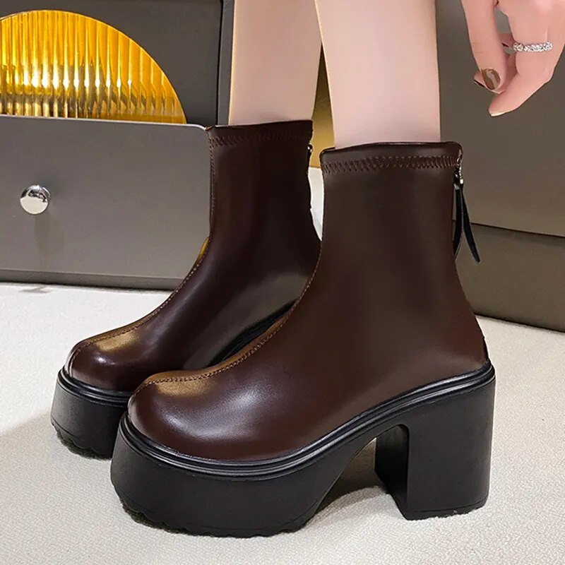 Women's Fashion Gothic High Heels Zipper PU Leather Combat Boots GOMINGLO