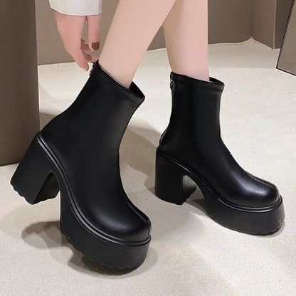 Women's Fashion Gothic High Heels Zipper PU Leather Combat Boots GOMINGLO