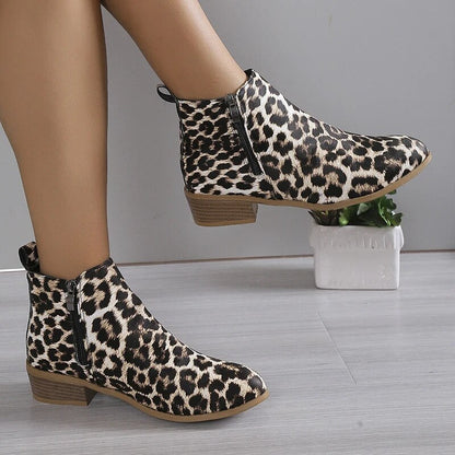 Women's Fashion Leopard Designed Thick Heels PU Leather Ankle Boots GOMINGLO