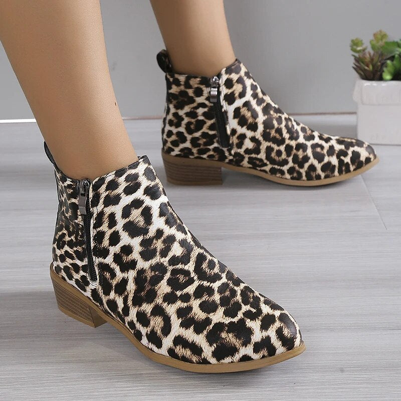 Women's Fashion Leopard Designed Thick Heels PU Leather Ankle Boots GOMINGLO