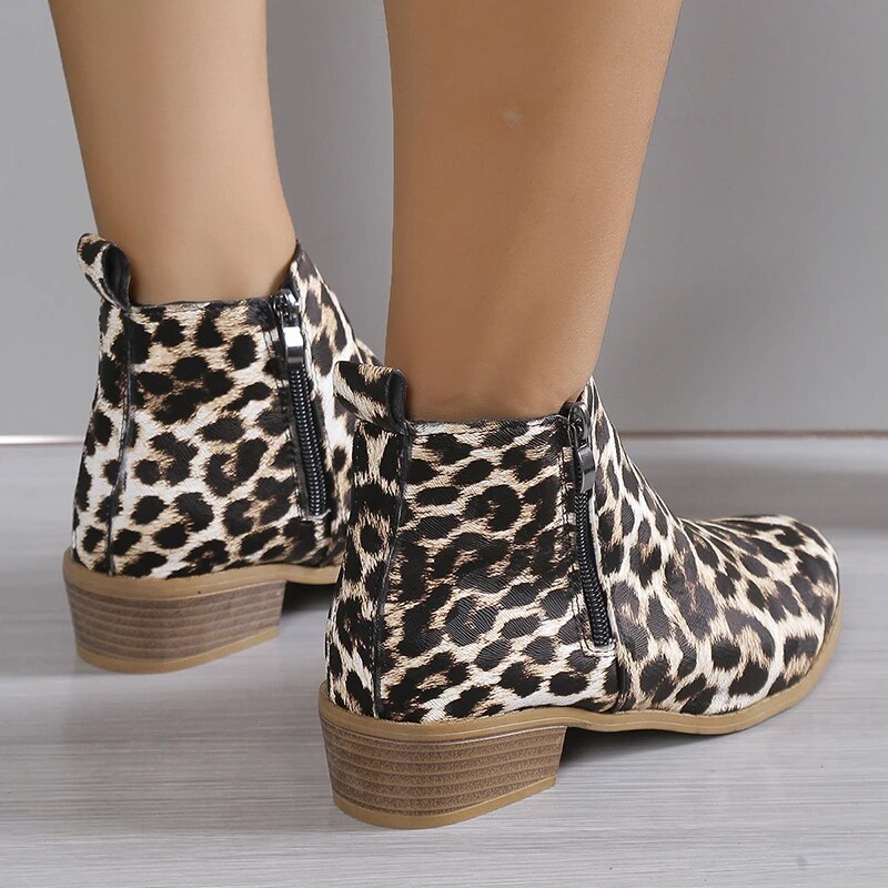 Women's Fashion Leopard Designed Thick Heels PU Leather Ankle Boots GOMINGLO