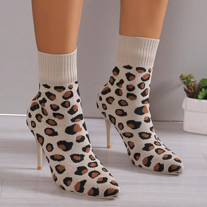 Women's Fashion Leopard Printed Elastic Sock Slip-On High Heels Boots GOMINGLO