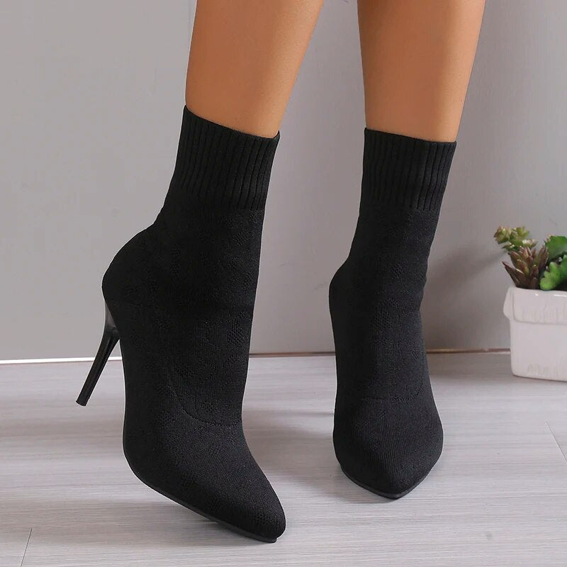 Women's Fashion Leopard Printed Elastic Sock Slip-On High Heels Boots GOMINGLO