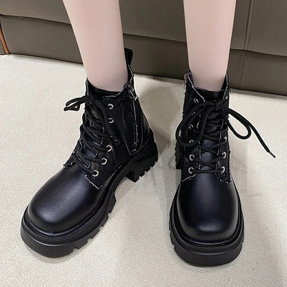 Women's Fashion Patchwork Chunky Platform Lace Up Ankle Boots GOMINGLO