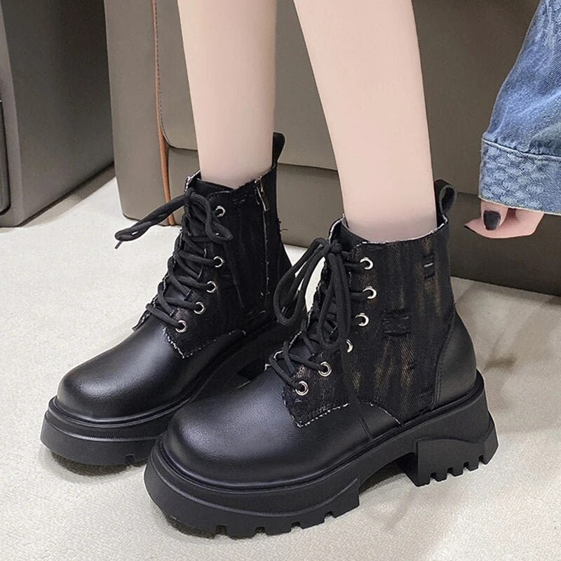 Women's Fashion Patchwork Chunky Platform Lace Up Ankle Boots GOMINGLO