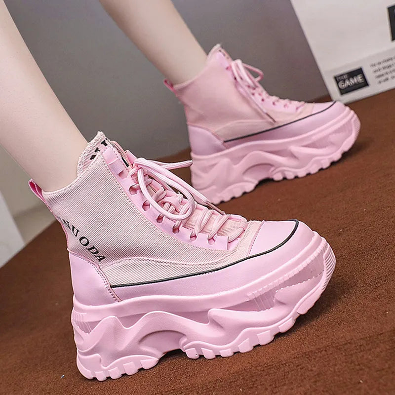 Women's Fashion Pink Chunky Platform Thick Bottom Lace Up Autumn Winter Ankle Boats GOMINGLO