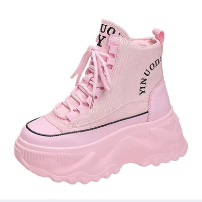 Women's Fashion Pink Chunky Platform Thick Bottom Lace Up Autumn Winter Ankle Boats GOMINGLO