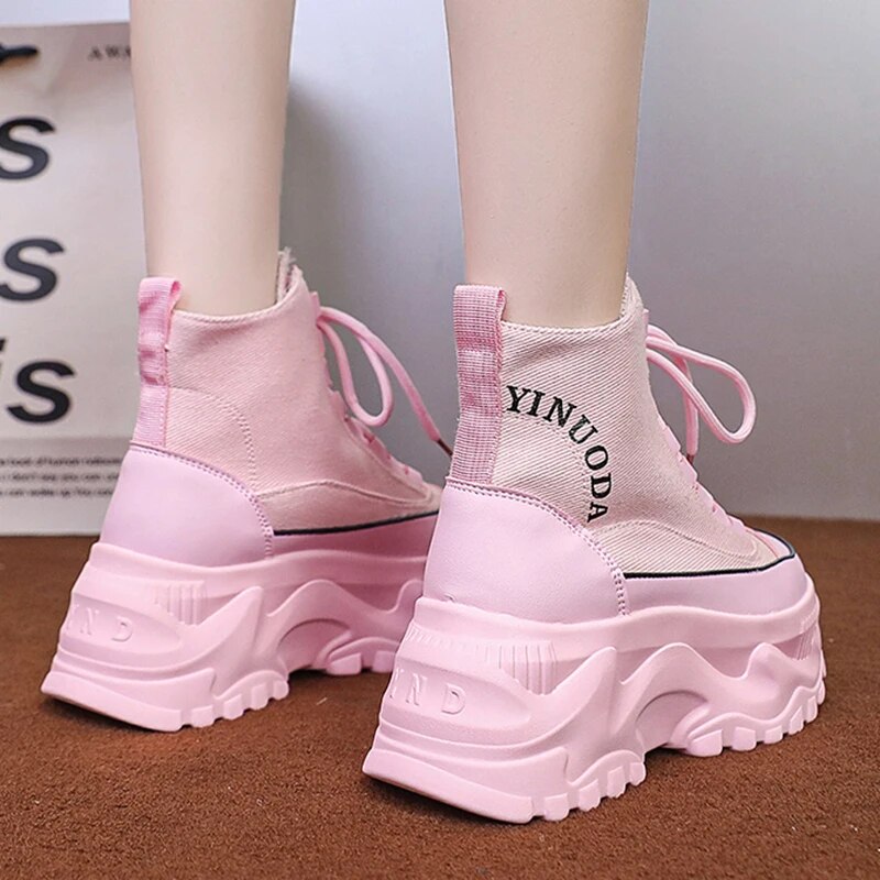 Women's Fashion Pink Chunky Platform Thick Bottom Lace Up Autumn Winter Ankle Boats GOMINGLO