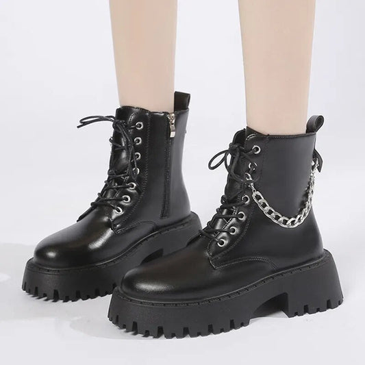 Women's Fashion Punk Metal Chain Platform Autumn Winter Ankle Boots GOMINGLO