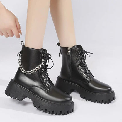 Women's Fashion Punk Metal Chain Platform Autumn Winter Ankle Boots GOMINGLO