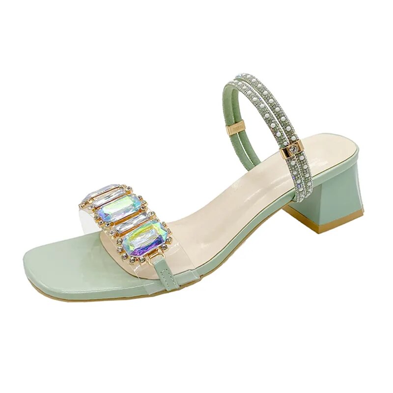 Women's Fashion Rhinestone Square Heels Open Toe Sandals GOMINGLO