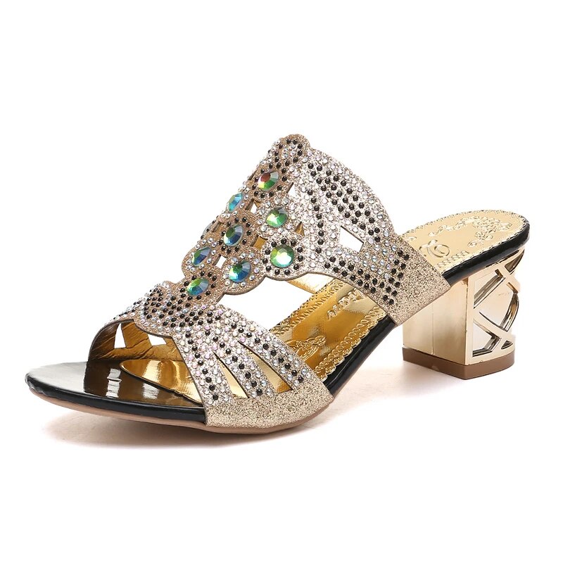 Women's Fashion Rhinestone Thick High Heels Gladiator Shoes GOMINGLO