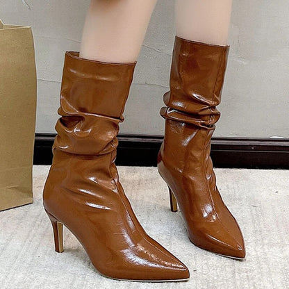 Women's Fashion Sexy Pointed Toe Mid-Calf High Heels Slip-On Boots GOMINGLO