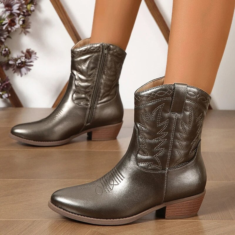 Women's Fashion Western Waterproof PU Leather Autumn Winter Thick Heels Boots GOMINGLO