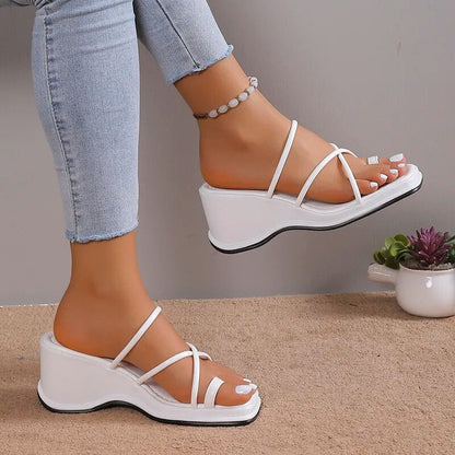 Women's Fashion White Wedge Cross Strap Summer Slippers GOMINGLO