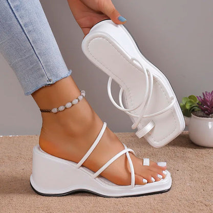 Women's Fashion White Wedge Cross Strap Summer Slippers GOMINGLO