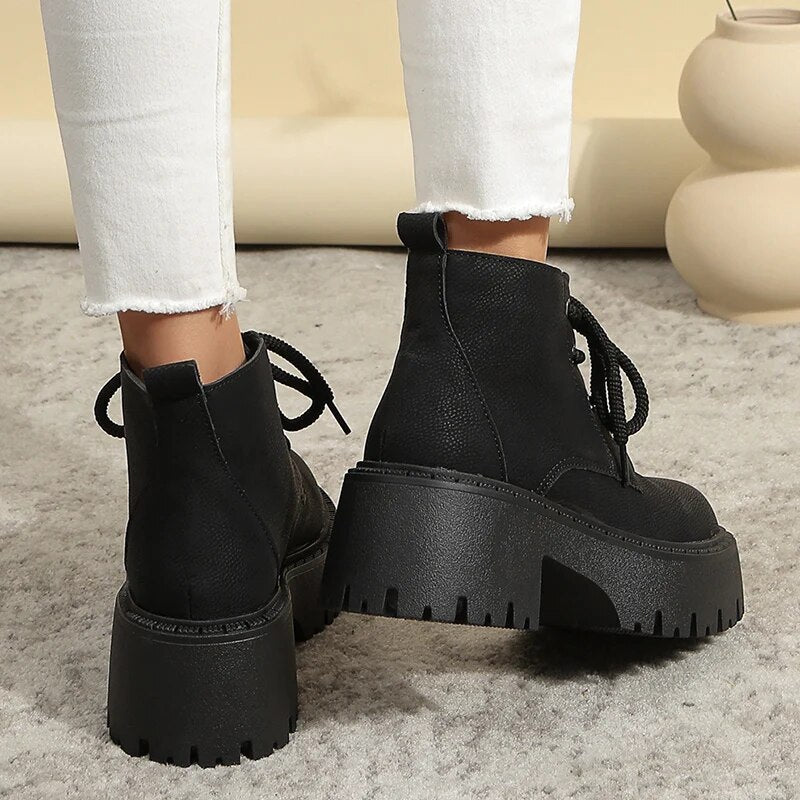 Women's Gothic Thick Bottom Non Slip Autumn Winter PU Leather Ankle Boots GOMINGLO