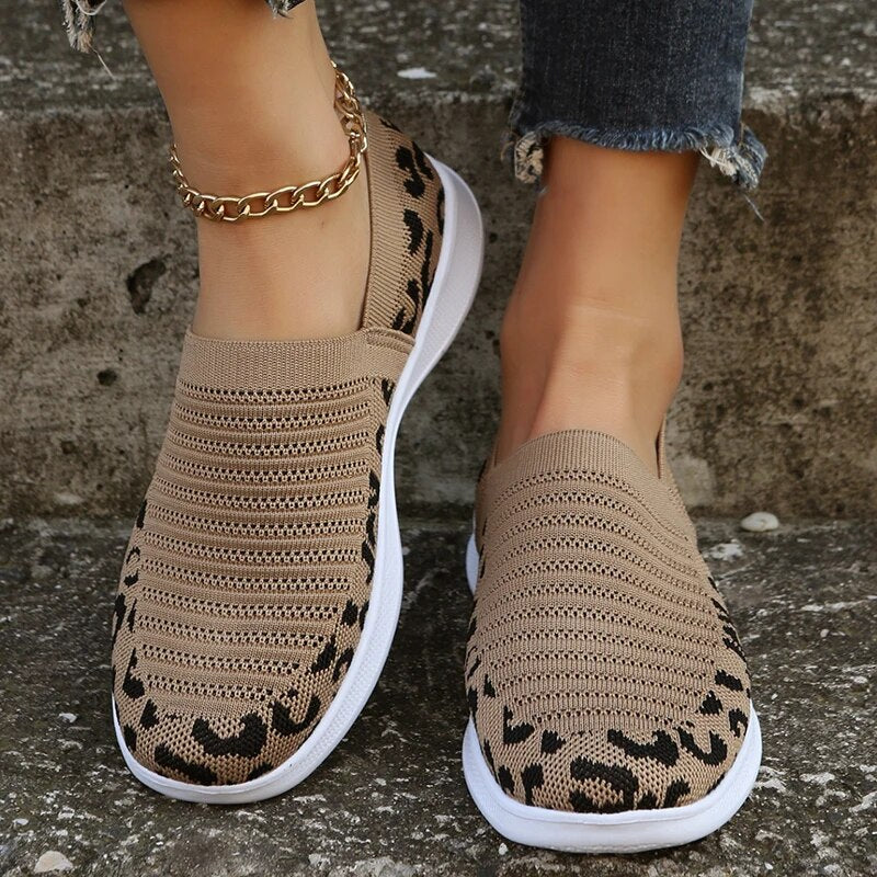 Women's Leopard Printed Breathable Mesh Slip On Casual Sneakers GOMINGLO