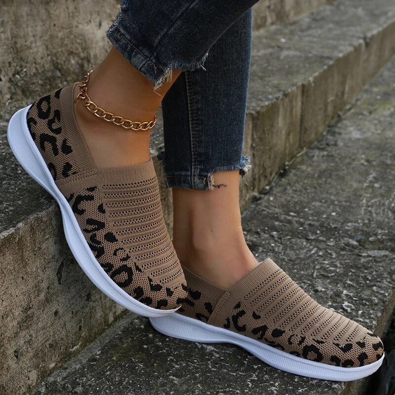 Women's Leopard Printed Breathable Mesh Slip On Casual Sneakers GOMINGLO