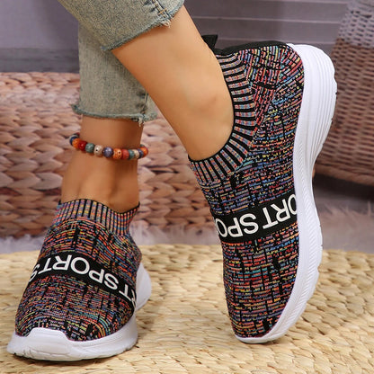 Women's Lightweight Casual Striped Knitted Platform Sneakers Slip-On Breathable Mesh Flats Plus Size GOMINGLO