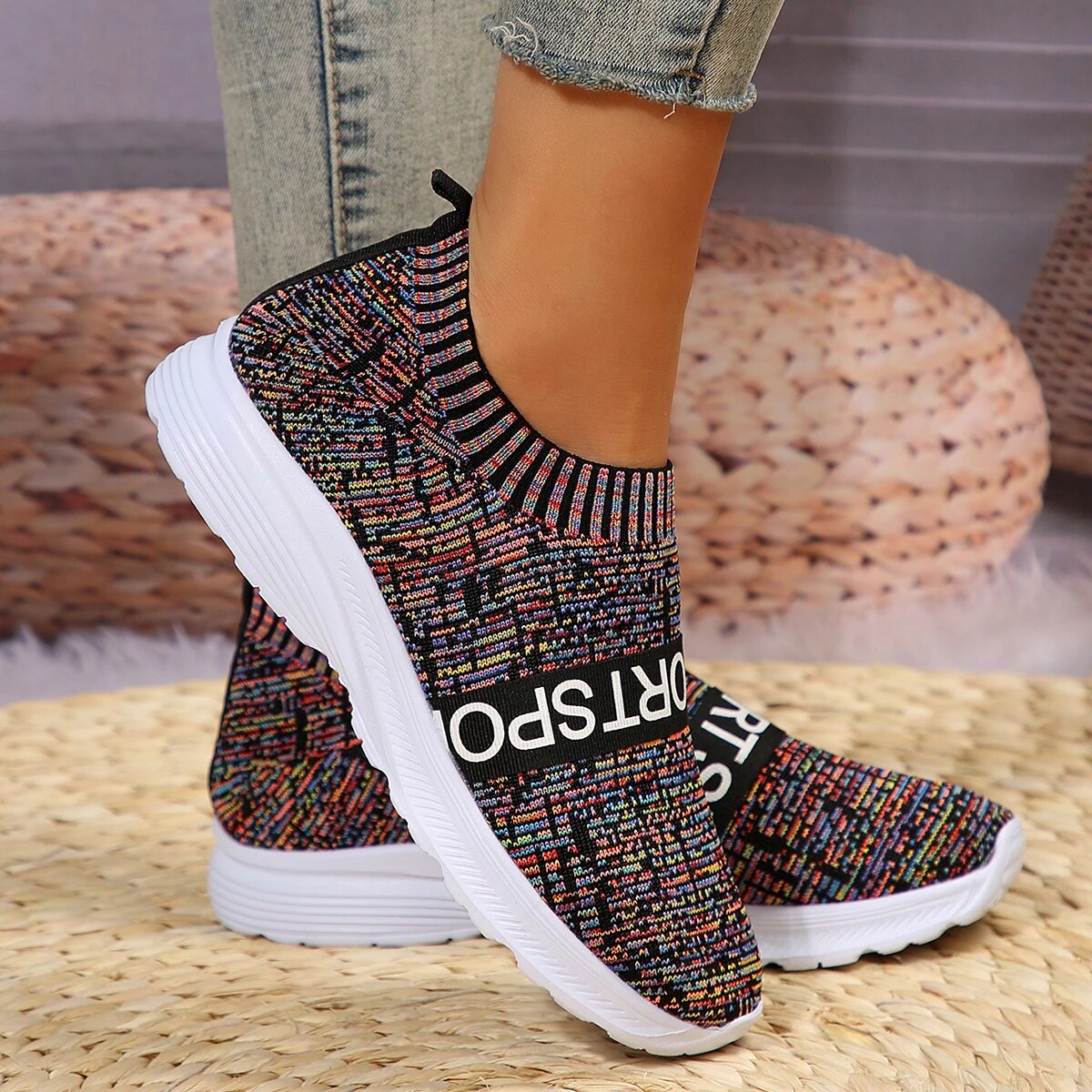Women's Lightweight Casual Striped Knitted Platform Sneakers Slip-On Breathable Mesh Flats Plus Size GOMINGLO