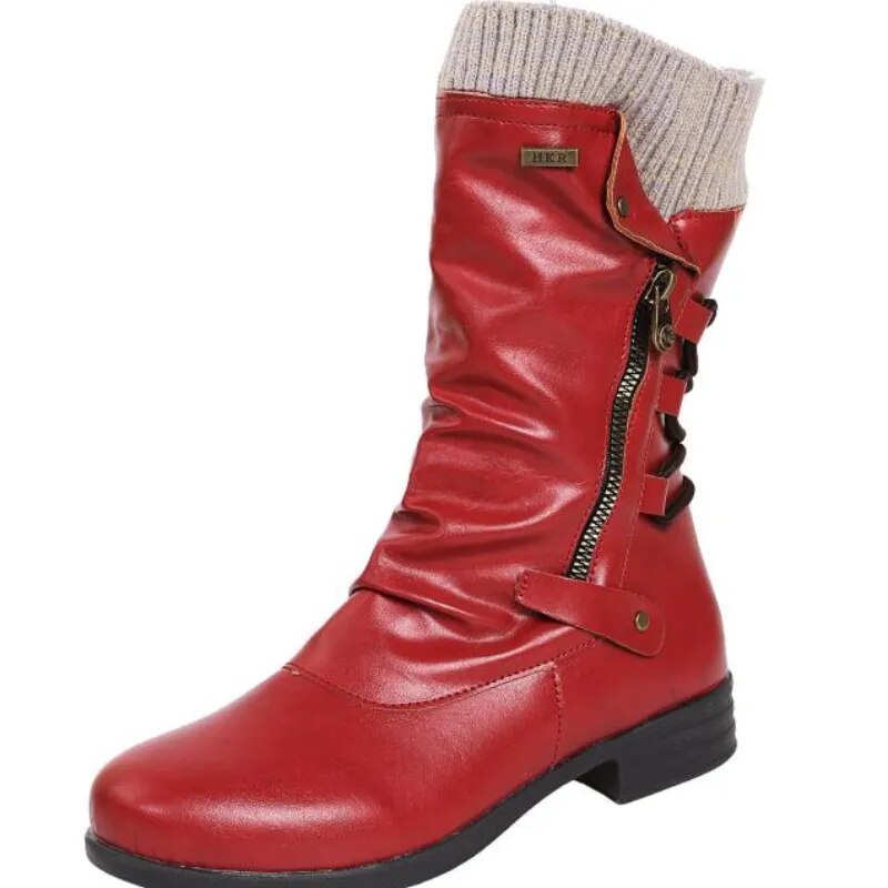 Women's Mid-Calf Autumn Winter Round Toe Zip Boots GOMINGLO