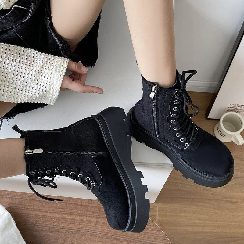 Women's Punk Style Thick Bottom Lace Up Ankle Boots GOMINGLO