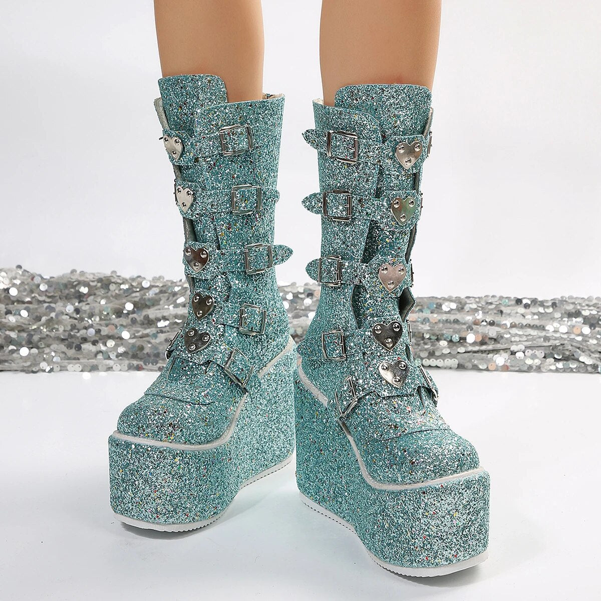 Women's Shining Crystal Gothic Punk Style Metal Buckle Thick Bottom Chunky Boots GOMINGLO