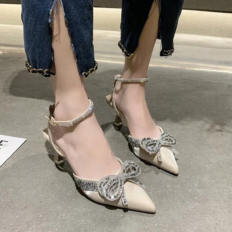 Women's Shiny Rhinestones Crystal Ankle Strap Shoes GOMINGLO