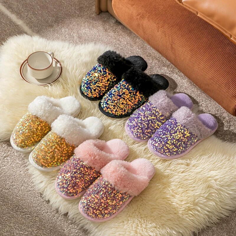 Women's Soft Sole Fluffy Plush Warm Winter Indoor Slippers GOMINGLO