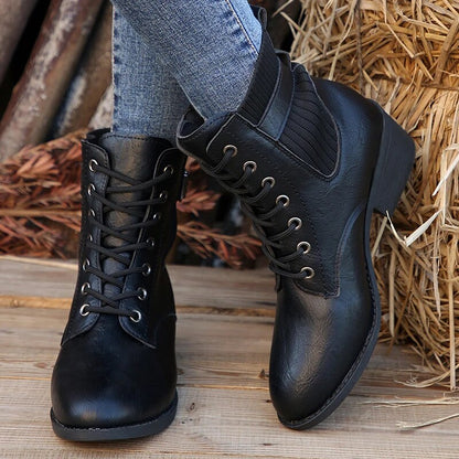Women's Square Heels PU Leather Lace Up Elastic Knitted Ankle Boots GOMINGLO