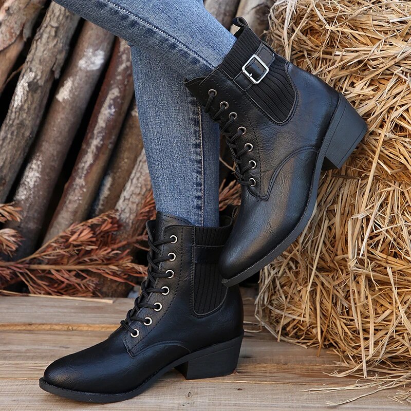 Women's Square Heels PU Leather Lace Up Elastic Knitted Ankle Boots GOMINGLO