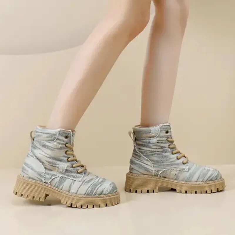 Women's Trendy Denim Fashion Round Toed Winter Ankle Boots GOMINGLO