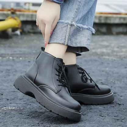 Women's Vintage Fashion Autumn Winter Lace Up PU Leather Ankle Boots GOMINGLO