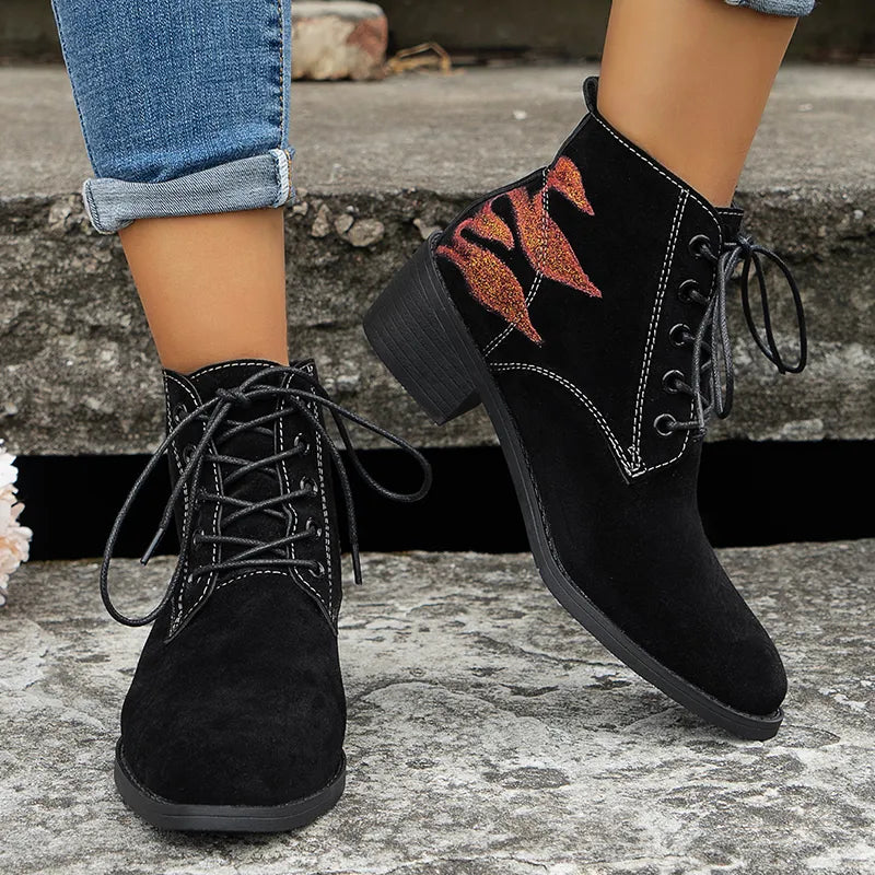 Women's Western Autumn Winter Faux Suede Lace Up Boots GOMINGLO