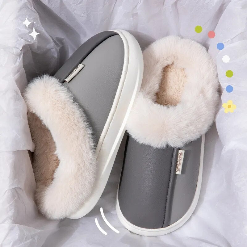 Women's Winter Warm Fluffy PU Leather Waterproof Indoor Home Slippers GOMINGLO