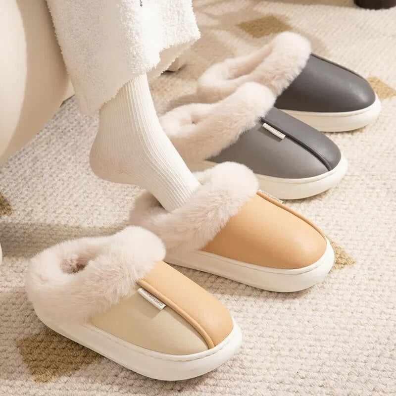 Women's Winter Warm Fluffy PU Leather Waterproof Indoor Home Slippers GOMINGLO