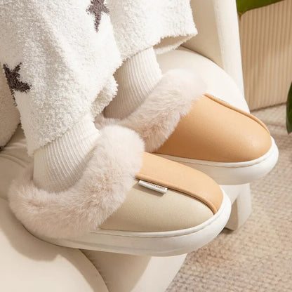 Women's Winter Warm Fluffy PU Leather Waterproof Indoor Home Slippers GOMINGLO