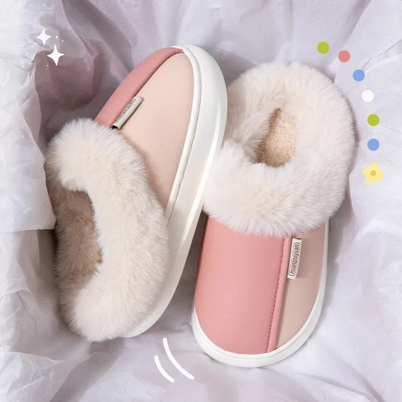 Women's Winter Warm Fluffy PU Leather Waterproof Indoor Home Slippers GOMINGLO