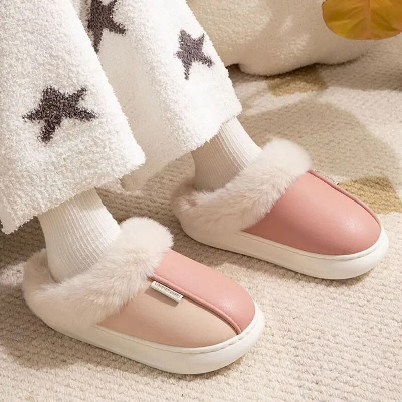 Women's Winter Warm Fluffy PU Leather Waterproof Indoor Home Slippers GOMINGLO