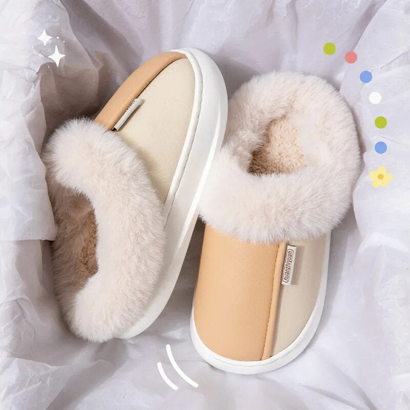 Women's Winter Warm Fluffy PU Leather Waterproof Indoor Home Slippers GOMINGLO