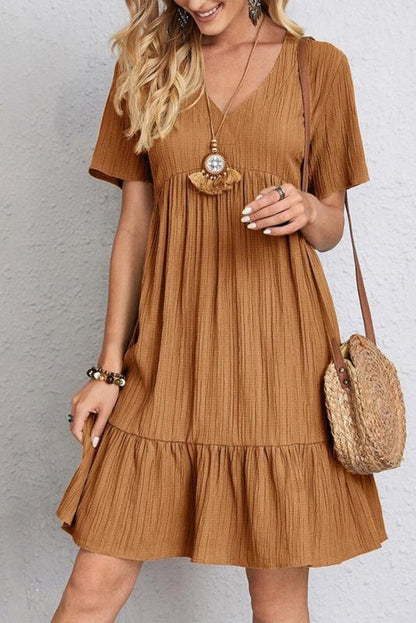 Wave Wrinkle V-Neck Splicing Mini Dress