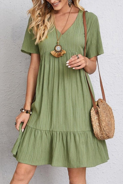 Wave Wrinkle V-Neck Splicing Mini Dress