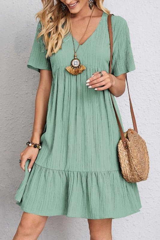 Wave Wrinkle V-Neck Splicing Mini Dress