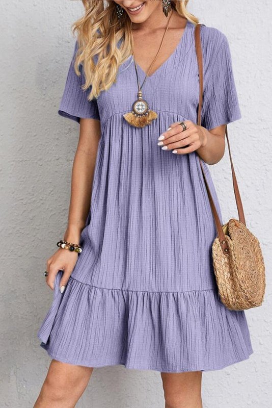 Wave Wrinkle V-Neck Splicing Mini Dress