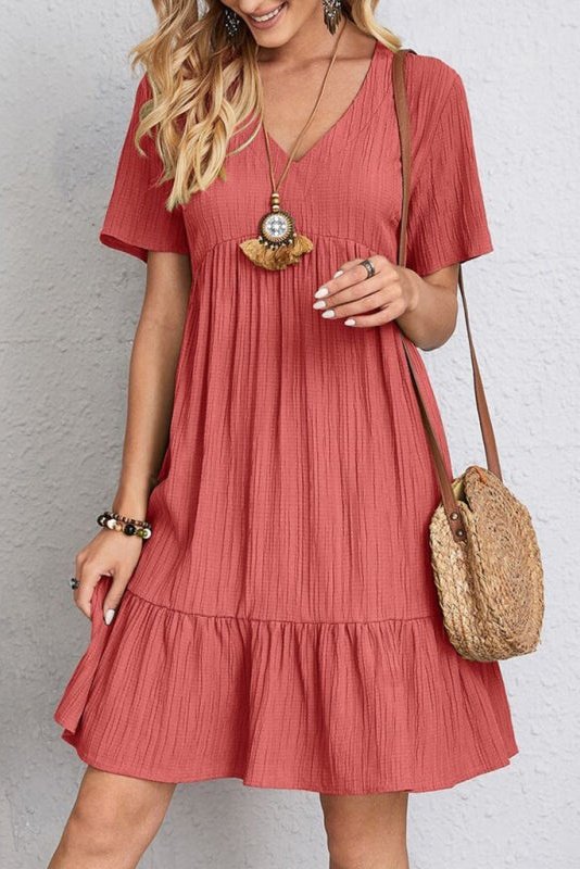 Wave Wrinkle V-Neck Splicing Mini Dress