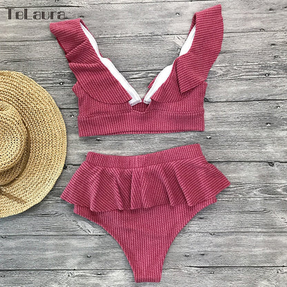 High Waist Push Up Ruffle Halter Bikinis