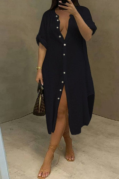 Round Neck Button Up Midi Shirt Dress